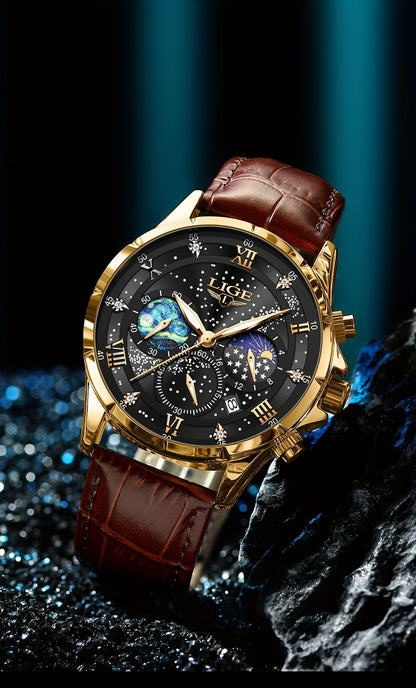 LIGE Luxury Quartz Chronograph Watch with Luminous Hands - Elegant Round Alloy Case, Blue Dial with Roman Numerals, Starry Night Design, Button Battery, Faux Leather Strap, Stylish Accessory|Starry Night Design|Luminous Hands