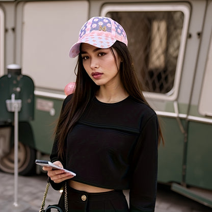 Women's Floral Lace Baseball Cap with Breathable Mesh Back & Embroidered 'M' Detail - Adjustable Snapback Closure, Lightweight Design for Valentine's Day, Casual Outings, City Travel, Outdoor Activities Hat, Embroidered Detai
