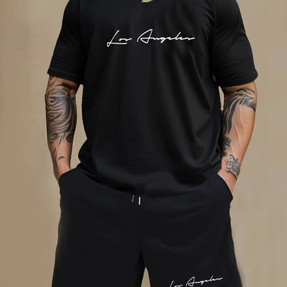 Men'S Casual 2pcs Set, Los Angeles Print, Short Sleeve Crew Neck T-Shirt & Knee-Length Shorts, Polyester & Spandex Blend, Comfortable Home Wear, All-Season Knit Fabric with Pockets, Regular Fit