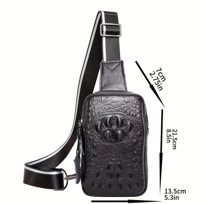 Men's Genuine Leather Crossbody Bag with Crocodile Pattern - Stylish Black Chest Bag for Casual Outings, Paw Print Design, Adjustable Strap, Perfect for Commuting or Travel, Small Crossbody Bag