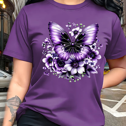 Circle Chic Butterfly Print T-Shirt - Exquisite Design, Casual Round Neck Top - Breathable and Lightweight, Perfect for Spring/Summer Wardrobe