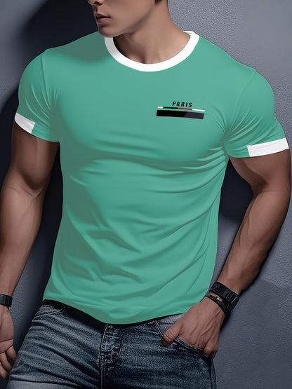 Men'S Paris Graphic T-Shirt - Green Polyester Crew Neck Tee with White Stripes & Print - Casual Sporty Knit Top for Casual Attire, Breathable Fabric