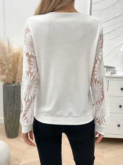 Guipure Lace V-neck T-Shirt, Elegant Long Sleeve Floral Pattern Mesh Splicing T-Shirt For Spring & Fall, Women's Clothing