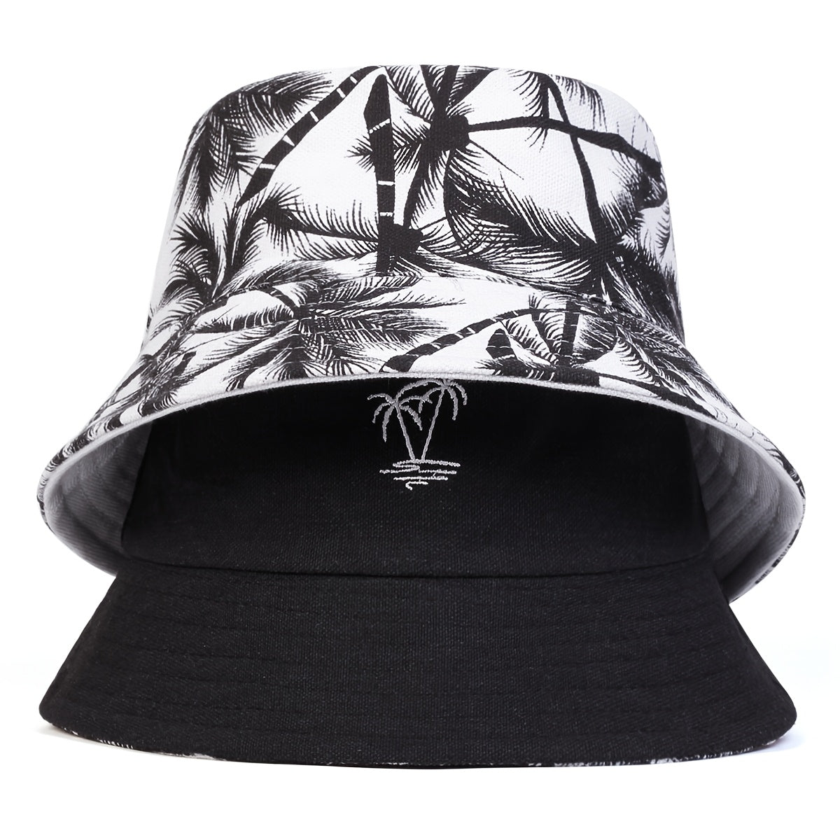 1pc Unisex Bucket Hat - Double-Sided Coconut Tree, Lightweight Fisherman Cap with Wide Brim, Elastic Fit for Beach, Travel, Everyday - Men & Women (Black/White/), Beach Hat, Travel Headwear, Detail