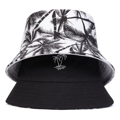 1pc Unisex Bucket Hat - Double-Sided Coconut Tree, Lightweight Fisherman Cap with Wide Brim, Elastic Fit for Beach, Travel, Everyday - Men & Women (Black/White/), Beach Hat, Travel Headwear, Detail