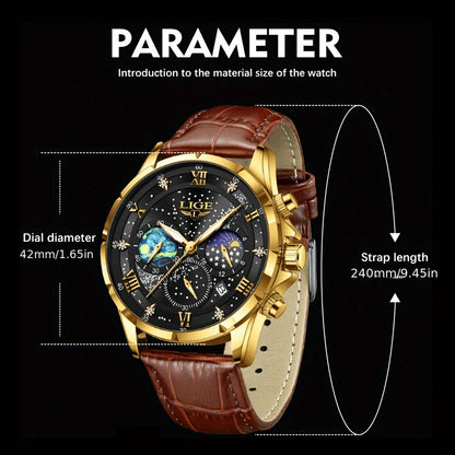 LIGE Luxury Quartz Chronograph Watch with Luminous Hands - Elegant Round Alloy Case, Blue Dial with Roman Numerals, Starry Night Design, Button Battery, Faux Leather Strap, Stylish Accessory|Starry Night Design|Luminous Hands