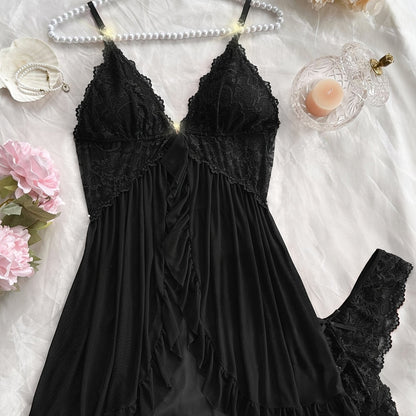 Sexy and Romantic Sleepwear Set, Solid Color Lace Camisole with Matching Panties, V-Neck Design Accentuating Elegant Neckline, Delicate Lace Pattern for Softness. Flared Hem and Ruffled Front Add Graceful Charm, Perfect for a
