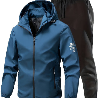 2pcs Men's Sporty Casual Jacket and Stretch Jogger Set, Spring/Autumn Fashion Hooded Jacket with Zipper Pockets, Windproof Outerwear and Black Stretch Joggers, Perfect for Outdoor Activities and Leisure Wear