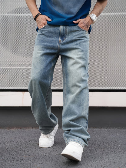 Men's Casual Straight-Leg Washed Denim Jeans - Light Blue, Loose Fit, Slant Pockets, Comfortable Blend for Casual Attire