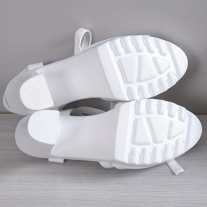 Women'S Summer Fashion Chunky Heel Sandals - White Open Toe with Buckle Strap, Comfortable PU Sole, Stylish High Heel Sandals for Casual Wear, Chunky Heel Sandals