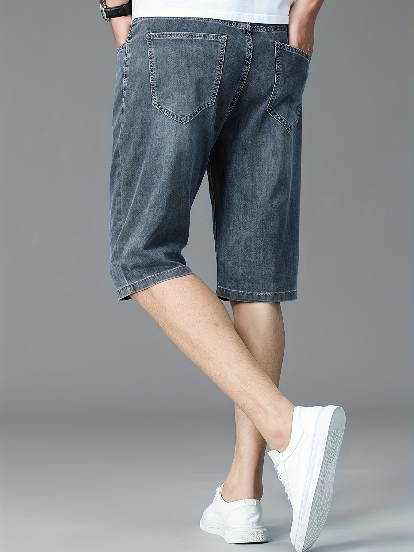 Men's Slim-Fit Denim Shorts - Casual Business Style, Mid-Waist, Stretch Fabric, Knee-Length with Pockets