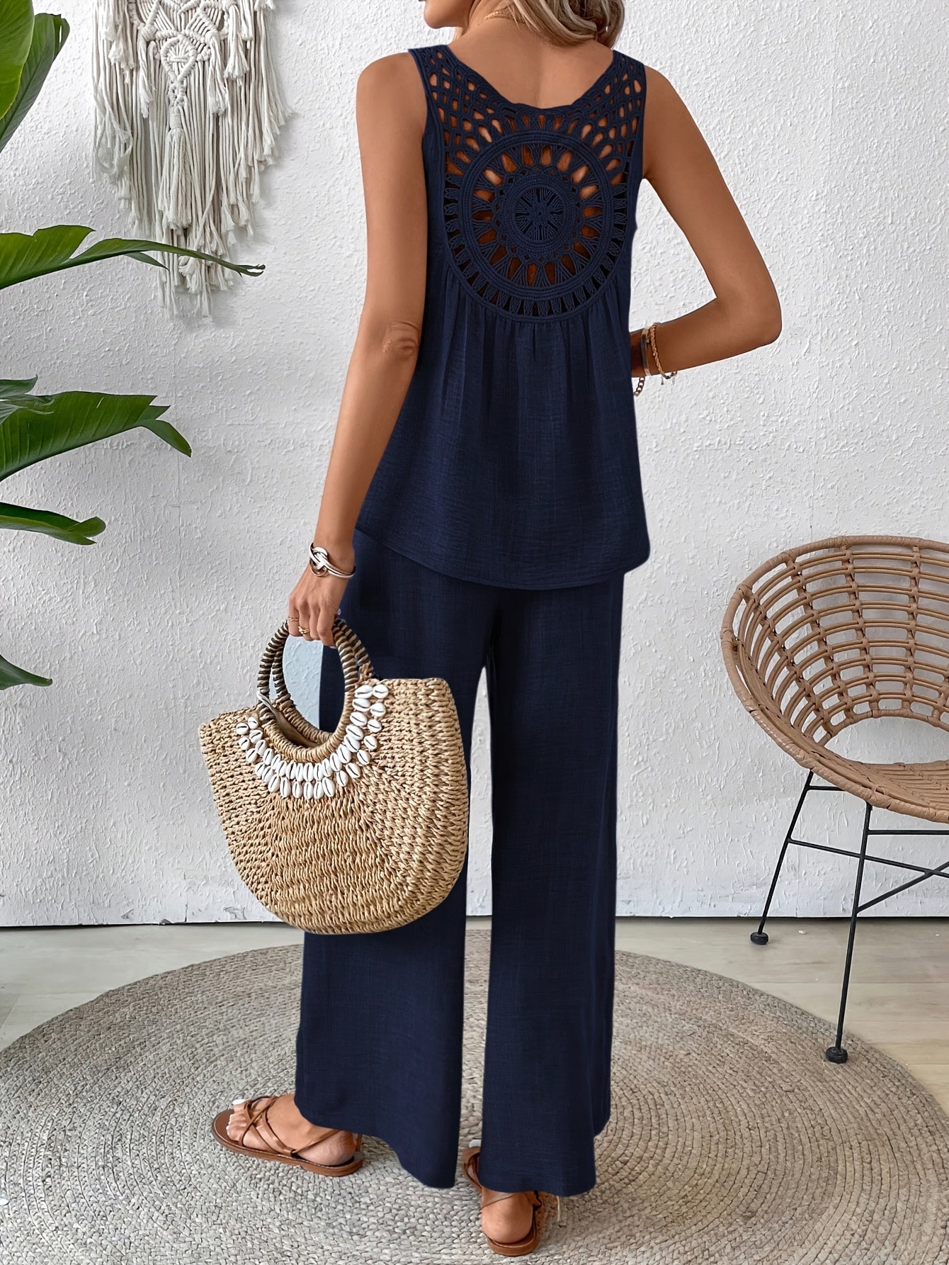 Women'S Summer Backless Cut-Out Panel Tank Top + Wide Leg Pants Set - Casual, Simple, Sleeveless, Polyester, Light Beige, Perfect for Spring/Summer, Casual Attire|Backless Top|Polyester Fabri