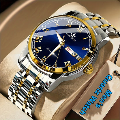 FOURRON Men'S Quartz Watch - Stainless Steel Band, Roman Numerals, Luminous, Waterproof, Ideal for Birthday & Holiday Gifts