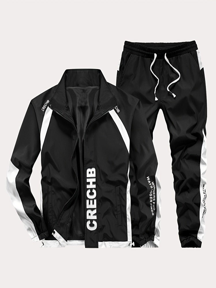 Unisex Sportswear Set for Spring And Autumn, Featuring a Zip-Up Jacket with a Stand Collar And Striped Long Pants in Black And White, a Stylish Outfit That Makes a Great Gift, Sweat-Resistant, Hand Wash Only, Workout Accessor