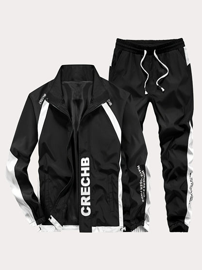 Unisex Sportswear Set for Spring And Autumn, Featuring a Zip-Up Jacket with a Stand Collar And Striped Long Pants in Black And White, a Stylish Outfit That Makes a Great Gift, Sweat-Resistant, Hand Wash Only, Workout Accessor