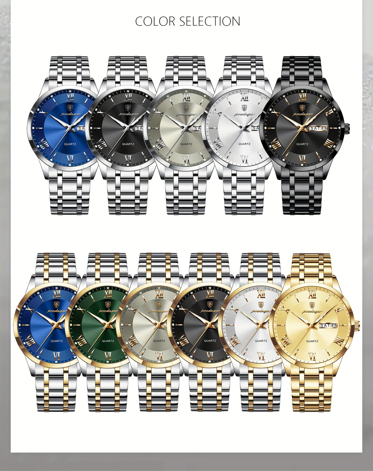POEDAGAR Men'S Quartz Watch, Sports Style, Waterproof 3ATM, Luminous Calendar, Stainless Steel Strap, Pointer Display, Alloy Case, Electronic Drive, Non-Rechargeable Button Battery, with Spring Festival and Football Holiday T