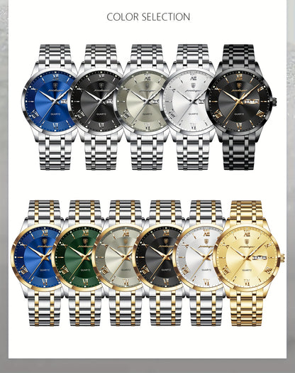 POEDAGAR Men'S Quartz Watch, Sports Style, Waterproof 3ATM, Luminous Calendar, Stainless Steel Strap, Pointer Display, Alloy Case, Electronic Drive, Non-Rechargeable Button Battery, with Spring Festival and Football Holiday T
