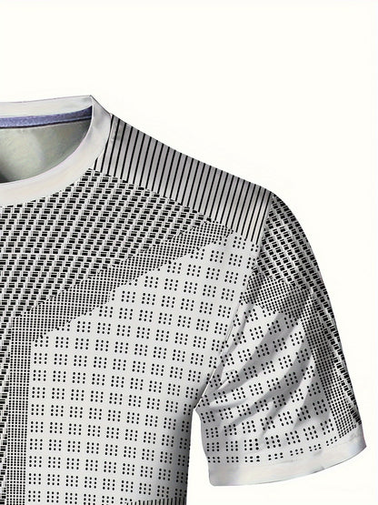 A Black And White Patterned Print Design, Men'S Sporty Fashion, Geometric Print High-Elastic Tight-Fitting Short-Sleeve Round-Neck T-Shirt, Quick-Drying Sports Top for Summer Fitness, Training, And Workout, with a Cool Feel,