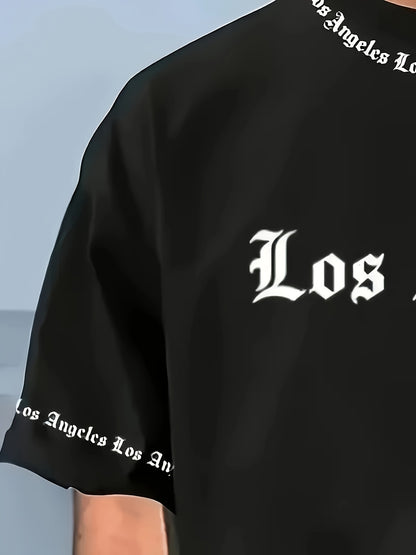 Men'S Los Angeles Graphic Print Casual Sportswear Set - Breathable Summer Short Sleeve T-Shirt & Drawstring Shorts with Pockets, Regular Fit, Crew Neck, Comfortable & Stylish for Casual Attire, Leisure Clothing | Trendy Sport