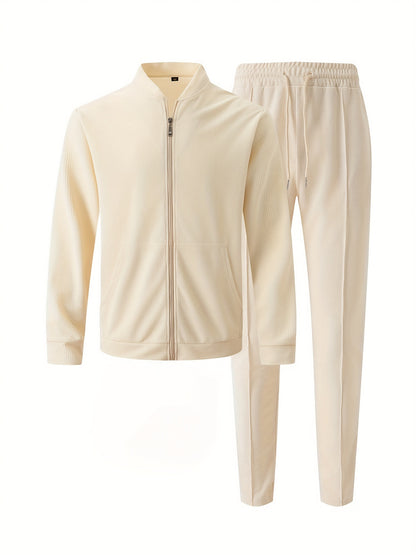 Baseball Collar Jacket and Pants Set in Waffle Fabric