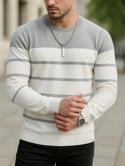 Men's Slim-Fit Striped Knit Sweater - All-Season Business Casual & Casual Attire, Navy Blue/White Horizontal Stripes with Contrast Trim, Round Neck Long Sleeve Pullover, Multi-Color Options (Black/Beige/Light Brown/Navy) - Co
