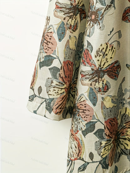 Elegant Floral Print Blouse & High-Waisted Pants Set - Chic Long Sleeve Top with Ruffled Hem, Button Details & Lace Trim, Beige Wide-Leg Pants for Women - Perfect for Spring/Summer, Floral Print Blouse