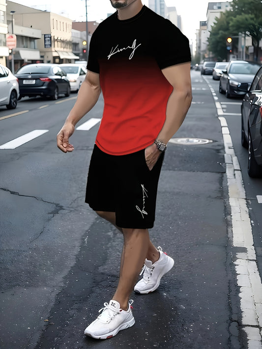 King Signature Men's Two-Piece Athletic Outfit: Graduated Color T-Shirt and Shorts - Summer Collection - High-Quality King Print - Men's Casual Sportswear - Middle East