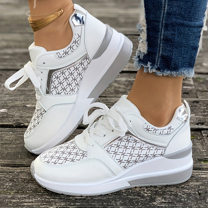 Women'S Plus Size Casual Sneakers - White Synthetic Cover Low-Top Lace-Up Shoes with Golden-Tone Accents, EVA Sole & Breathable Fabric Lining for Summer Comfort, Ladies Sneakers, Comfortable Footwear, Durable Footwear