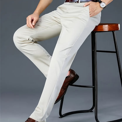 Men's Classic Business Dress Pants, Solid Color Casual Trousers, 100% Polyester, Regular Fit, with Zipper Fly, for Daily Wear and Gifting, All-Season, Allseason Trousers | Notch Lapel Design | Polyester Trousers