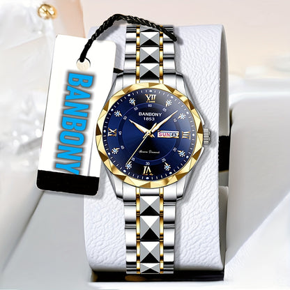 A BANBONY Fashion Brand Women'S Quartz Watch with a Stainless Steel Strap, Adorned with Rhinestones, IPX7 Waterproof, Luminous Display for The Week, Multifunctional Fully Automatic Casual Watch, Perfect Gift for Birthdays, Ho