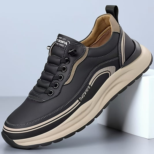 Men's Slip-On Sneakers - Lightweight, Cushioned, Thick Rubber Sole Casual Shoes in Black & Tan with Logo Details, Versatile for All Seasons, Outdoor, Running, and Training