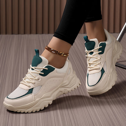 Women's Lightweight Chunky Sneakers - Versatile Korean Style Dad Shoes with Thick Sole, Breathable Mesh Upper, Casual Lace-Up Athletic Footwear in White, Green/White, and Black/Pink