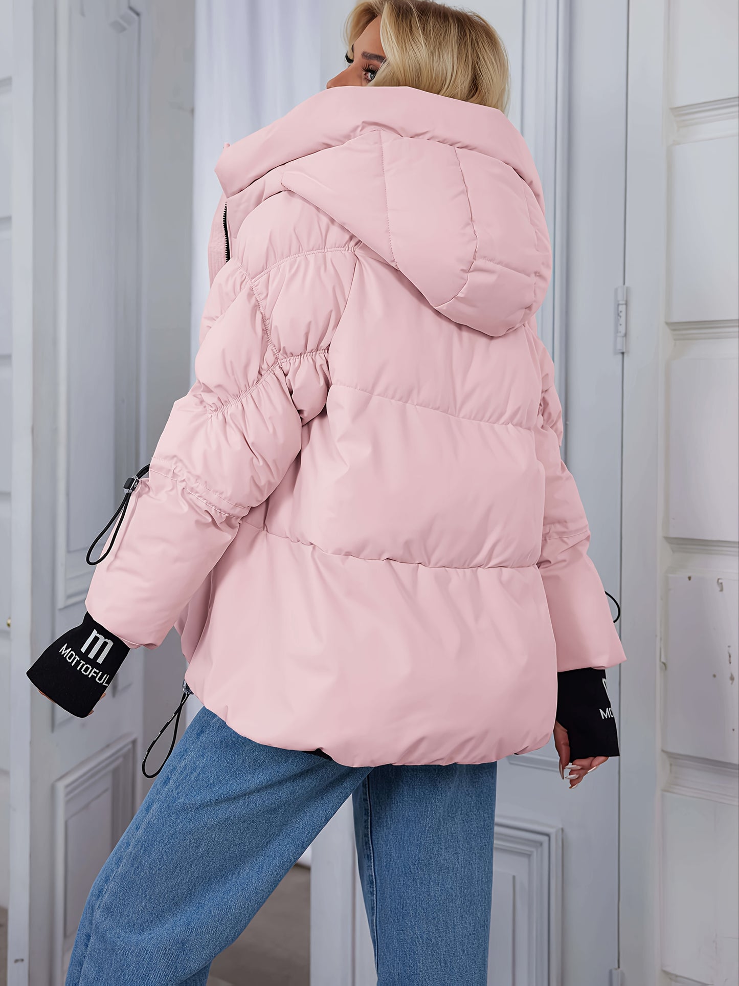 Women's Stylish Beige Puffer Jacket - Casual Warm Winter Coat with Black Trim, Long Sleeves & Zippered Hood, Polyester Fabric for Outdoor Comfort