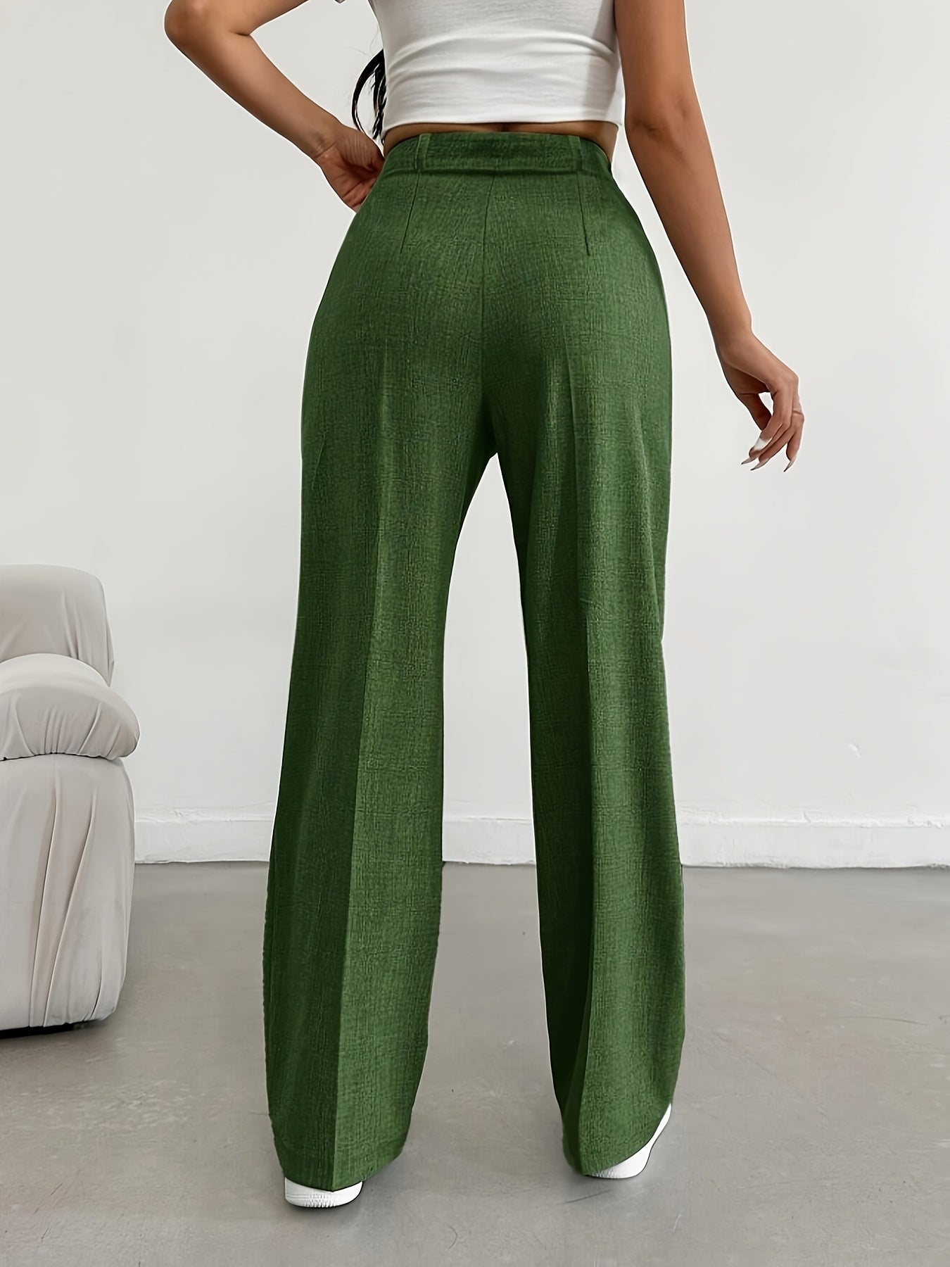 Women's Casual Polyester Stretch Straight Pants, Solid Color, Suitable for All Seasons, with Button Details, Women's Trousers