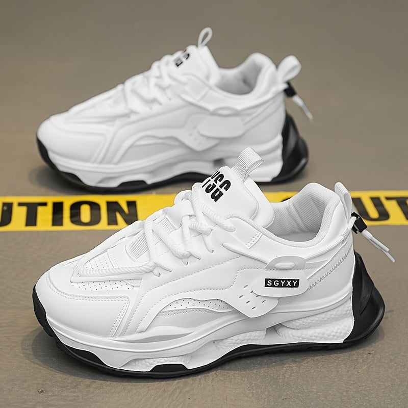 Men's Trendy Solid Colour Chunky Sneakers, Comfy Non Slip Durable Lace Up Soft Sole Shoes For Men's Outdoor Activities