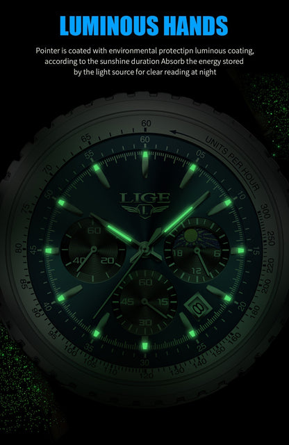 LIGE Top Brand Luxury New Quartz Watch for Women, Luminous Fashion Timepiece for Ladies, Date Chronograph Sports Wristwatch, Men'S Watch