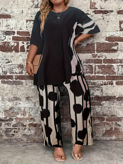 Plus Size Women'S Black Printed Sweater Set - Casual Long Sleeve Pullover with "LOVE" Design, Wide Leg Pants, Non-Stretch Fabric, Perfect for Fall & Winter, Autumn Winter Wear|Casual Style|Comfortable Fit