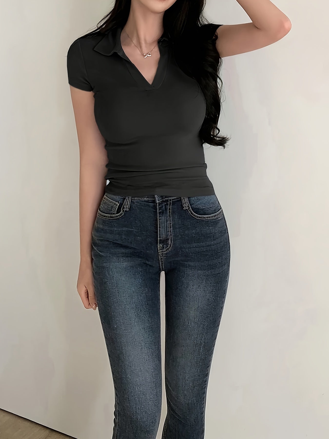 [Sleek Fit] Women's Slim Fit Short Sleeve Shirt - Elegant Black V-Neck Tee, Stretchy Polyester Blend, Machine Washable, Perfect for Spring/Summer/Fall, Short Sleeve Blouses