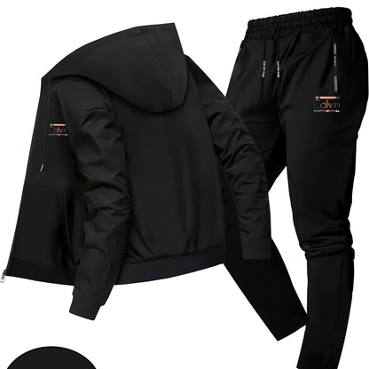 Men'S Trendy Fall/Winter Hooded Jacket Two-Piece Set Calvin Print, Casual Youth Casual Sports Jacket Set