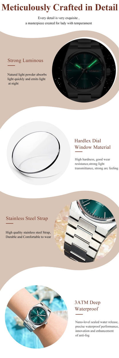 Berda Tomato Hot Selling Trendy Youth Elegant Korean Style Ladies Watch with Night Light Calendar Stainless Steel Quartz Watch