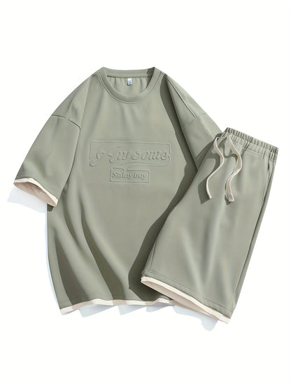 Men's Casual Fashion Sportswear Set - Light Gray "DREAMS" Print T-Shirt & Shorts, 100% Polyester, Machine Washable, Summer Outfit