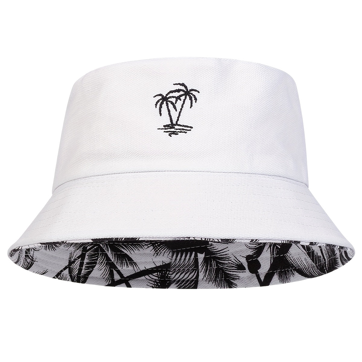 1pc Unisex Bucket Hat - Double-Sided Coconut Tree, Lightweight Fisherman Cap with Wide Brim, Elastic Fit for Beach, Travel, Everyday - Men & Women (Black/White/), Beach Hat, Travel Headwear, Detail
