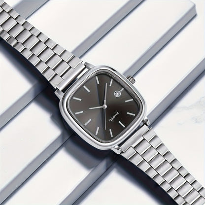 LUCKYFOX Dry Battery One Box Steel Band Small Square Calendar High-end Vintage Simple Men'S and Women'S Commuting Suitable for Daily Life Business Activities Festival Gifts Birthday Gifts Valentine'S Day Gifts