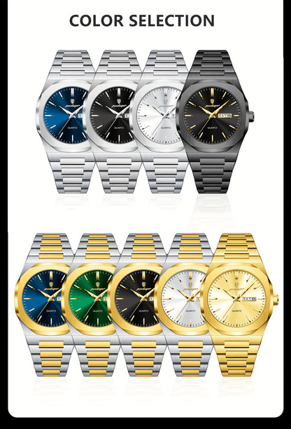 POEDAGAR Men'S Luxury Quartz Watch - Waterproof, Luminous Calendar, Stainless Steel Band, Business Style, Blue & Golden Accents, 3ATM, Non-Rechargeable Button Battery, Perfect for Spring Festival & Valentine'S Day Gifts