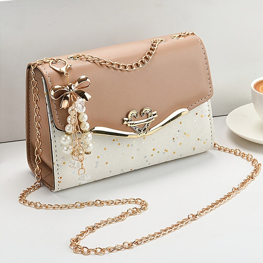Fashionable Women'S Flip Clutch with Metal Chain and Tassel Pendant, Lightweight Shoulder Bag, Adjustable Strap, Urban Polka Dot Design, Polyester Lined, Buckle Closure - Ideal Gift for Family, Mother, Lover, Friends, Classma