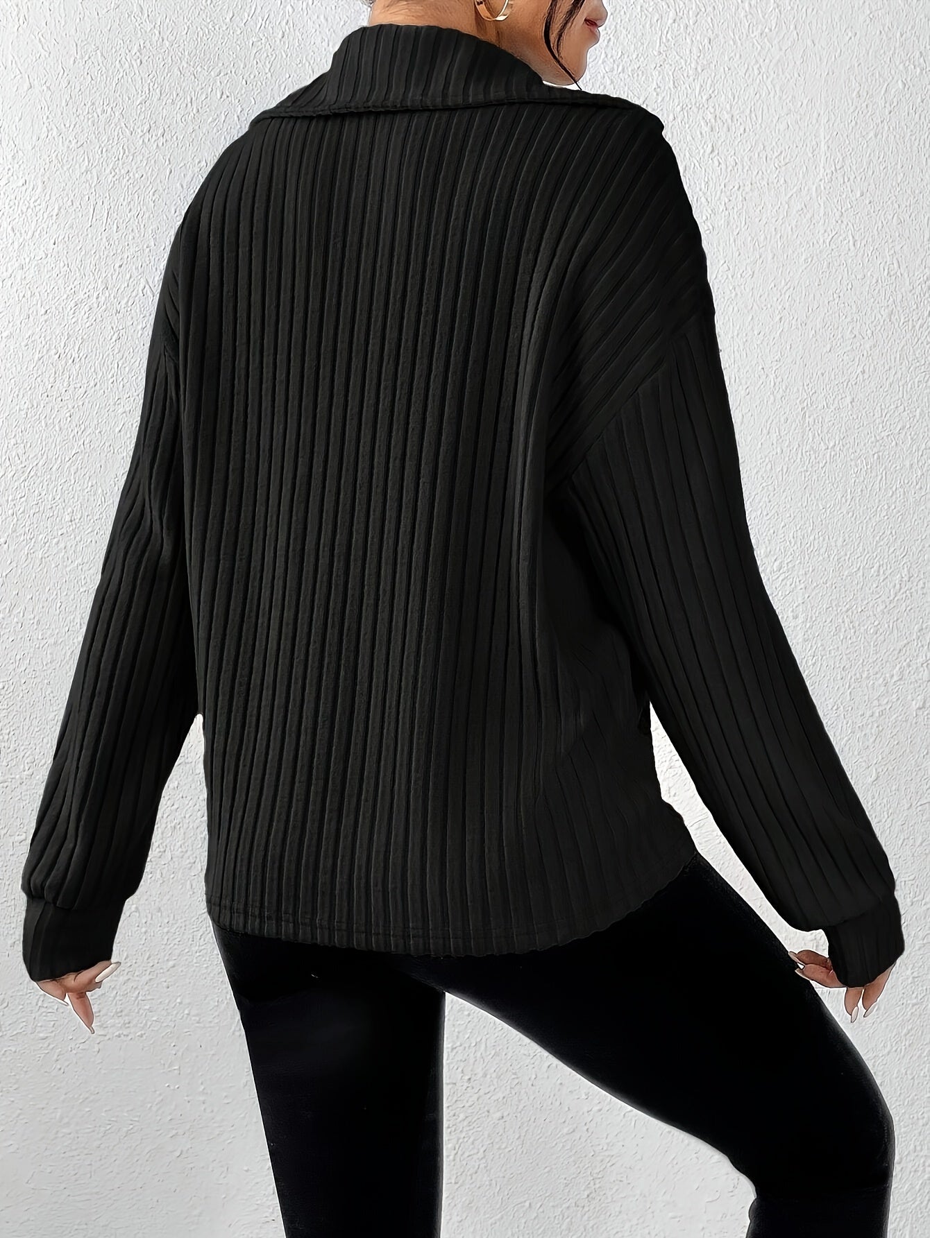 [Everyday Elegance] Women's Elegant Ribbed Knit Collared T-Shirt - Black, Long Sleeve, Zip-Up Design, Soft Polyester Blend, Machine Washable, Perfect for Spring & Fall, Ladies T Shirts