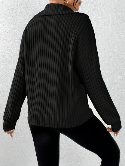 [Everyday Elegance] Women's Elegant Ribbed Knit Collared T-Shirt - Black, Long Sleeve, Zip-Up Design, Soft Polyester Blend, Machine Washable, Perfect for Spring & Fall, Ladies T Shirts