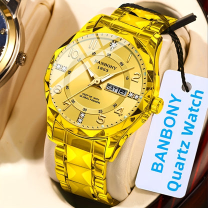 1 New BANBONY Brand Unisex Stainless Steel Quartz Watch with HD Scratch-Resistant Rhinestone-Embellished Simple Digital Round Dial, Luminous Display Date Calendar Battery-Powered Multifunctional Fully Automatic Wristwatch for