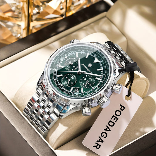 POEDAGAR Men's Luxury Stainless Steel Watch, Chronograph, Calendar, Date Display, Green Dial with Black Bezel & Roman Numerals, Quartz Movement, Casual to Business Style, Suitable for Women