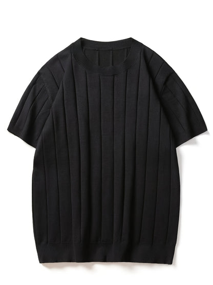 Men's Slim Fit Striped Textured Knit Crew Neck T-Shirt - High Elasticity Short Sleeve Casual Top for Spring/Autumn, Breathable Daily Leisurewear, Spring Fashion, Classic Style, Durable Construction, Pullover Shirt, Stylish Me